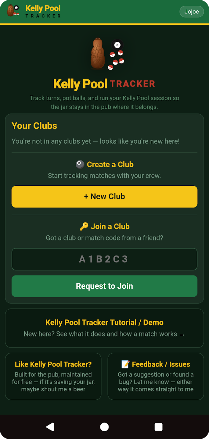 Home screen: Your Clubs, Create a Club and Join a Club.