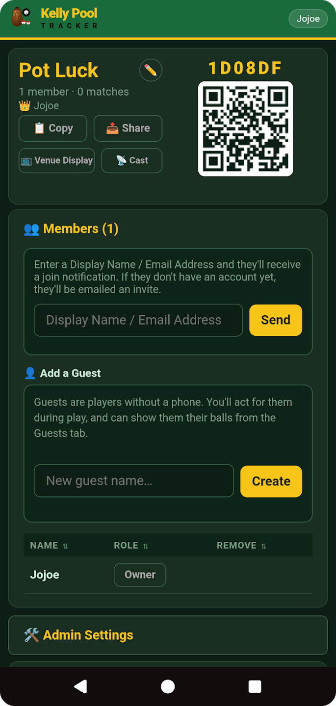 Club screen with join code, QR code, Venue Display, Cast and members.