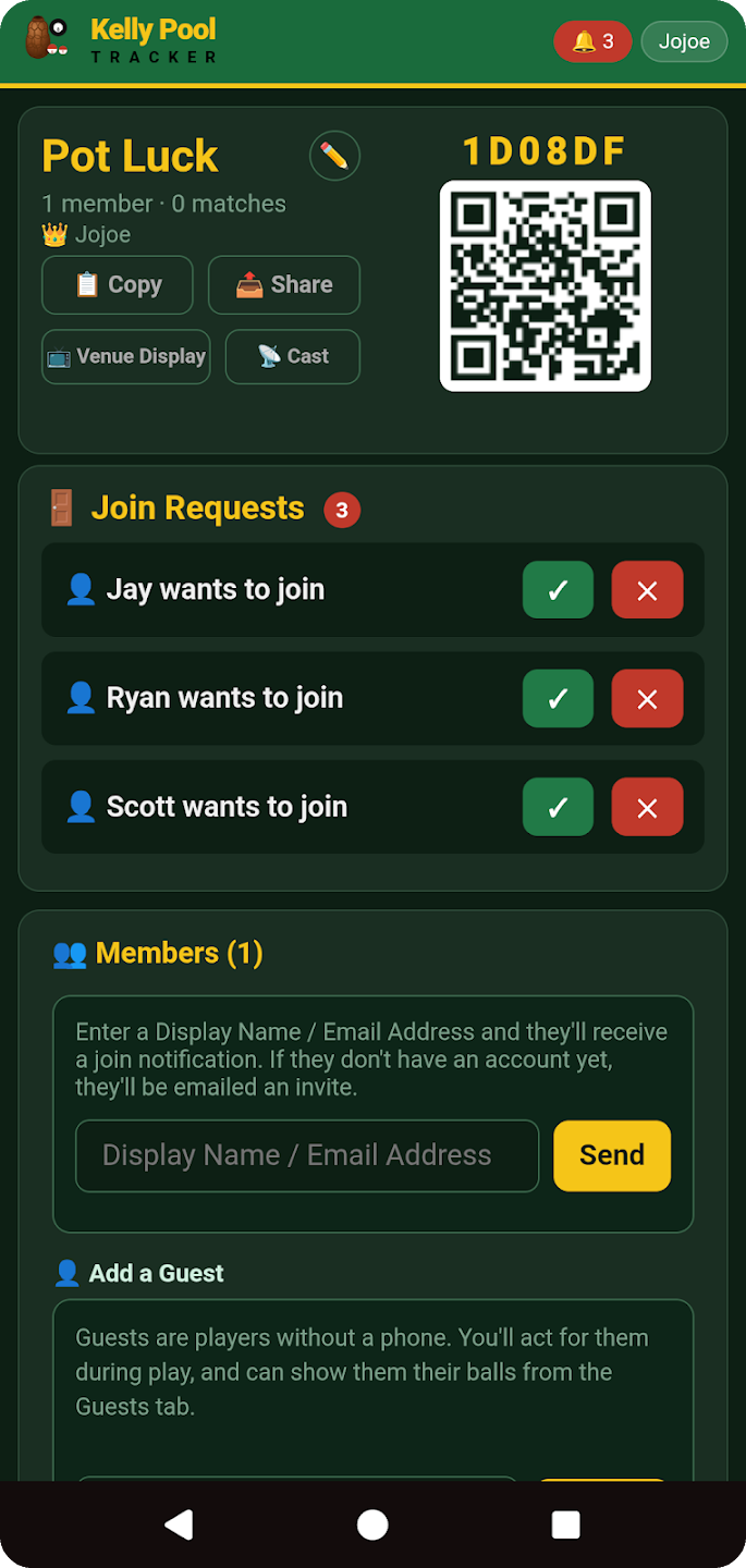 Club Join Requests with approve and reject controls.