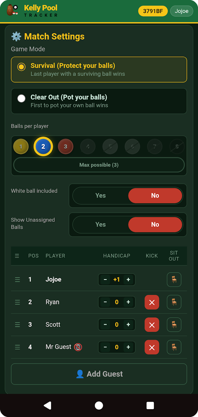 Match Settings with game mode, balls per player, handicap and Sit Out.