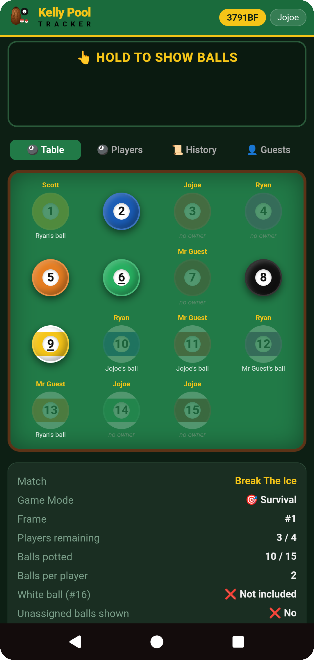 Live View tab — ball grid with potted balls dimmed and owners revealed, your own balls hidden